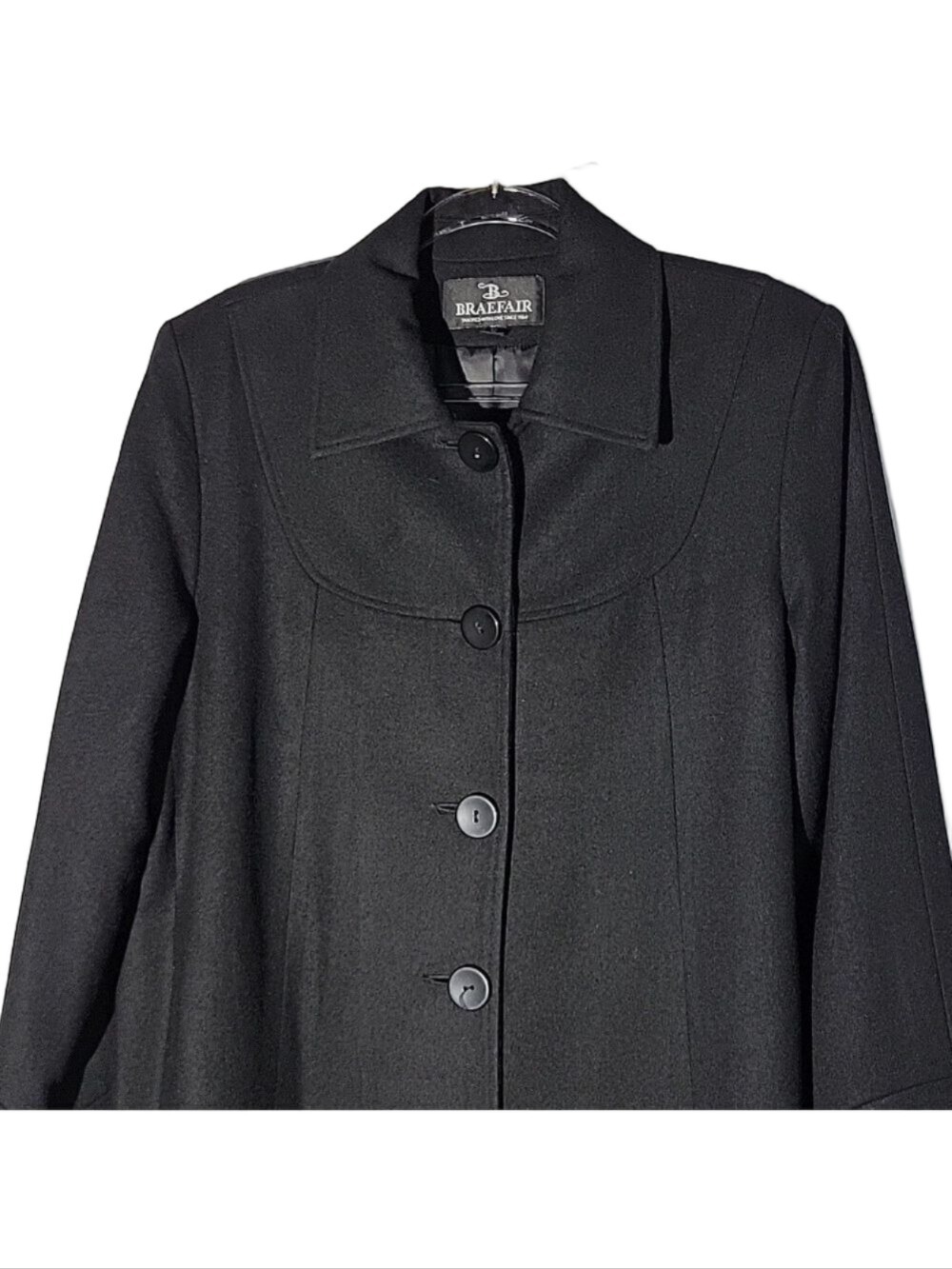 Vintage 90s Braefair Black Wool Mix Long Overcoat Trench Size 12 - Picture 2 of 15